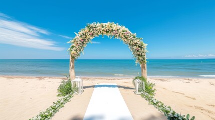 Beautiful wooden decorative arch with flowers on the beach, white walkway for wedding ceremony