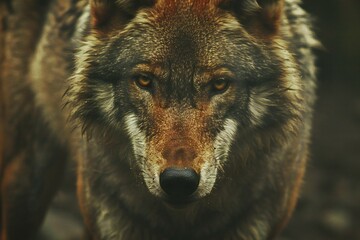 Portrait of a wolf in the forest, close-up