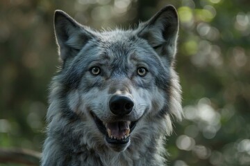 Portrait of a grey wolf with open mouth in the forest - obrazy, fototapety, plakaty