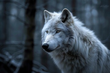 Portrait of a white wolf in the forest,  Wildlife scene from nature