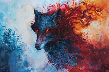 Art painting,  Portrait of a wild fox with red and blue colors