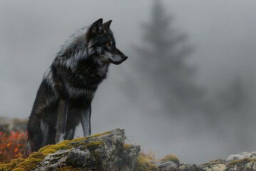 Grey wolf (Canis lupus) in the fog