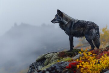 Grey wolf on a rock in a foggy autumn mountain landscape