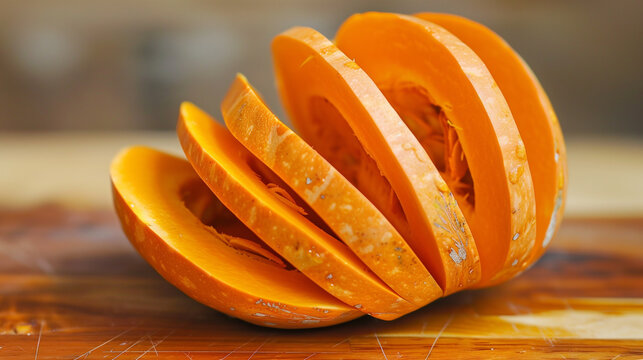 A winter squash, known as pumpkin or calabaza, is placed on a wooden cutting board. This staple food ingredient is from the Cucurbita gourd family