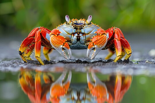 Close-up of a crab in the water with reflection on it