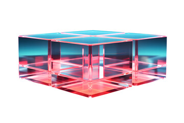 Holographic of digital plastic multicolored podium rainbow square shape isolated cut out PNG or transparent background. Podium stage for text design, products, white stage with sunlight and shadow.