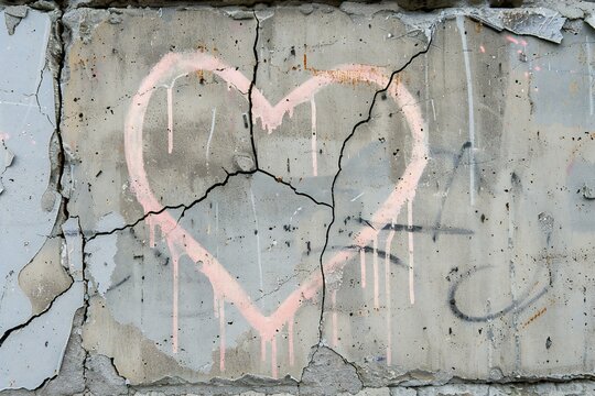 Heart painted on the old wall,  Grungy concrete surface with cracks and scratches
