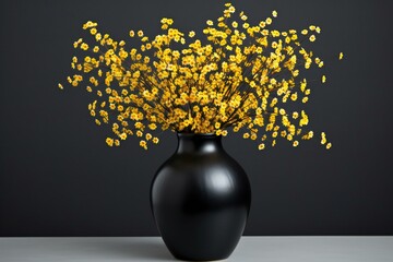 Black vase with yellow flowers on a gray background,   rendering