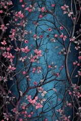Illustration of a tree with pink flowers on a dark blue background