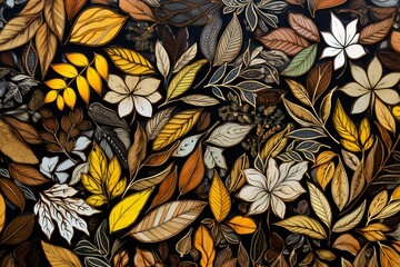 Colorful autumn leaves on black background,  Seamless pattern