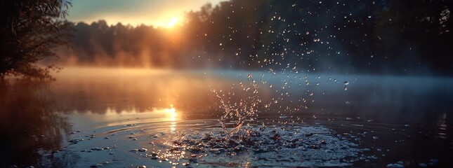 The view of dawn with fog all over the screen and water droplets splashing out on a lake in the forest - obrazy, fototapety, plakaty