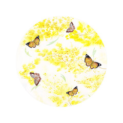Frame with watercolor mimosas and butterflies, round spring and summer theme background, natural texture, yellow flowers, frames for text of cards, cosmetics, dishes, posters.