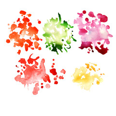 Set of watercolor splash stains, pink, red, yellow, green, orange color, fruity summer shades, hand drawn, suitable as a background, place for text for flyers, cards, menus