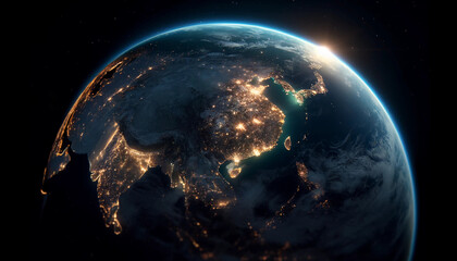 Earth world planet at night as seen from space with China as the focal point wallpaper background