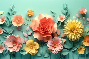 3D render of colorful paper flowers in a vibrant bouquet, perfect for spring and summer-themed designs and decorations.