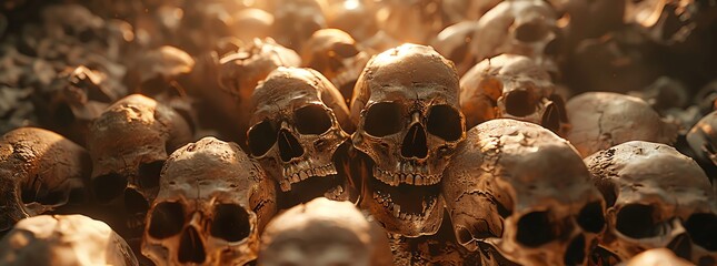 ultra realistic pile of skulls many different views 34 profile dramatic lighting with effects atmospheric  - obrazy, fototapety, plakaty