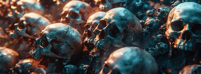 ultra realistic pile of skulls many different views 34 profile dramatic lighting with effects atmospheric  - obrazy, fototapety, plakaty