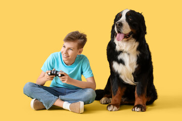 Little boy with Bernese mountain dog playing video game on yellow background