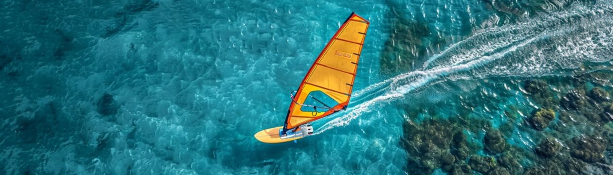 Lone figure windsurfing on a crystalclear sea, vibrant sail, wide shot, thrilling isolation