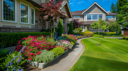 Obraz premium Beautiful home garden in summer, luxury landscaped backyard, Scenic view of flowers, trimmed bushes, green plants and rocks