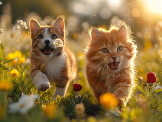 Carefree Canine and Feline Companions Frolicking in the Sunlit Meadow