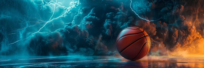 Thunder-charged Basketball Wallpaper with Copy Space for Dynamic Sports Background - obrazy, fototapety, plakaty