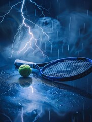 Intense Thunderstorm Creating Dynamic Background for Tennis Match - obrazy, fototapety, plakaty