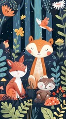 This magical illustration captures the tranquility of an enchanted forest filled with adorable foxes, charming birds, and a variety of whimsical plants.