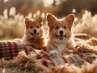 Playful Corgi and Tabby Cat Running Joyfully Through Sunlit Grasslands