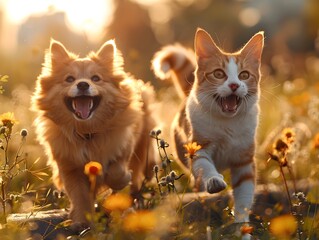 Carefree Canine and Feline Companions Frolic Amidst Sunlit Meadow