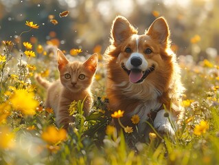 Carefree Canine and Curious Feline Frolic in Sunlit Meadow with Cinematic Clarity