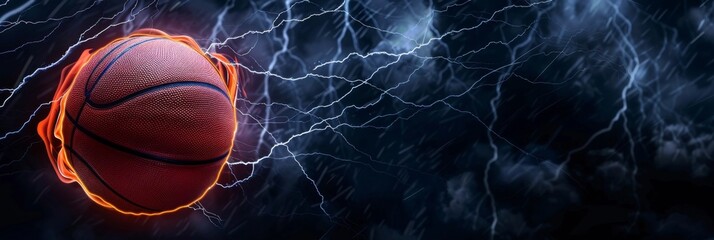 Fiery Basketball Soaring Through Electrifying Thunderstorm Backdrop - obrazy, fototapety, plakaty