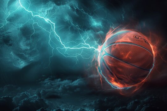 Dramatic Thunderstorm Basketball Wallpaper with Ethereal Energy and Copy Space