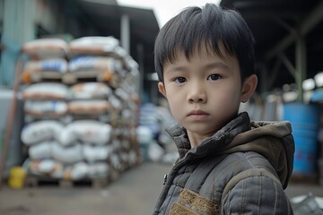 Fototapeta na wymiar Portrait of a poor Asian kid works in factory with a backdrop of factory a concept of child labor with a big space for text, Generative AI.