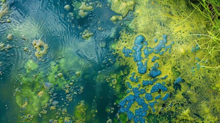 Fototapeta na wymiar A closer look at a bluegreen algal bloom with individual cyanobacteria cells visible. The cells are ed together forming a mat on the