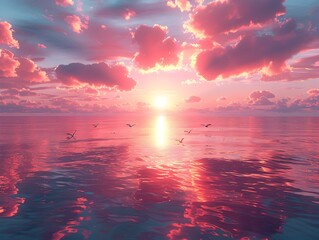 Breathtaking Sunset Over Tranquil Ocean with Mirrored Reflections and Soaring Seagulls