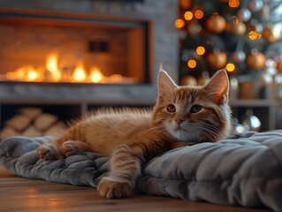 Cozy Cat Relaxing by Fireplace in Modern Christmas Themed Living Room