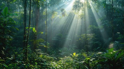 lush forest with sunlight streaming through the canopy