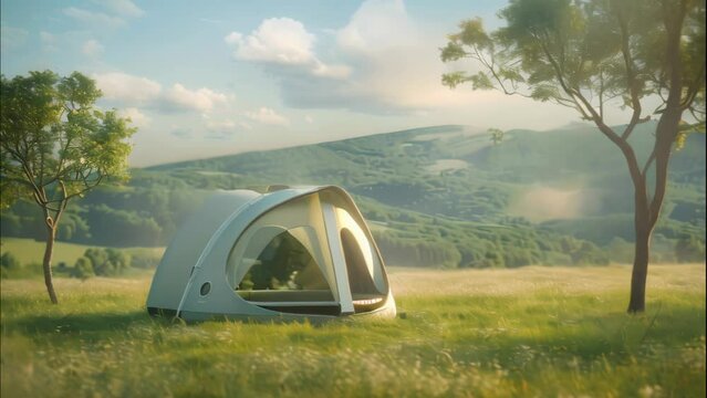 Modern camping tent in green field. 4k video animation