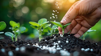 Close shot of a woman hand fertilizing a small plant in her garden with a big blurry backdrop and space for text or product, Generative AI.