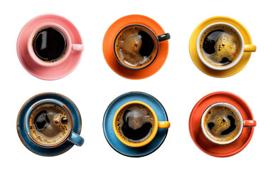 Collection cup of hot black coffee on a transparent background, top view, PNG - obrazy, fototapety, plakaty