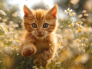 Playful Ginger Kitten Frolicking in a Blooming Meadow on a Sunny Summer Day