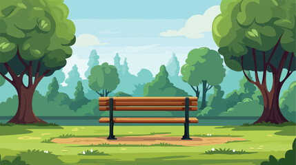 Wooden bench on green park with grass and trees. Na