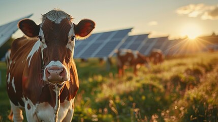 Portrait of cows grazing with evening sun with solar panels in backdrop a concept of using solar panels in farming sector with space, Generative AI. - obrazy, fototapety, plakaty