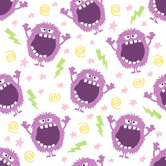 Monster seamless border pattern, funny purple fantasy animal squinting with big open mouth, with lightning and thunder, cartoon vector illustration printable for wrapping paper, background, wallpaper