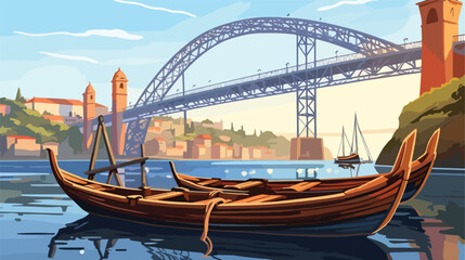 Wooden boats in Porto with Luis I bridge on background