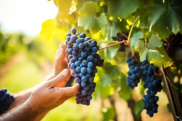 Fototapeta premium Hand picking ripe Blue grapes from Blue grapes orchard