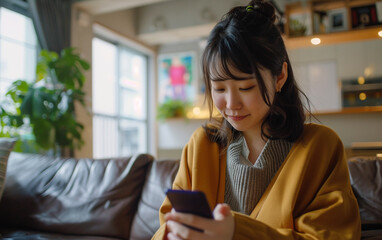 若い日本人女性が居心地の良いリビングルームで電話を閲覧, ホームテクノロジー, ライフスタイル - obrazy, fototapety, plakaty