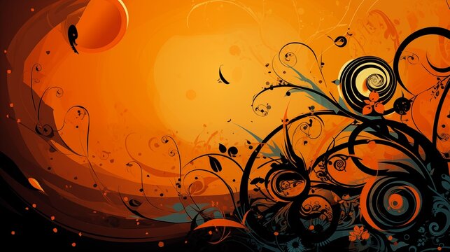 Stylish Orange and Black Abstract Art with Swirls and Floral Patterns