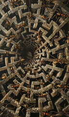 A myriad of ants working together in a complex labyrinth